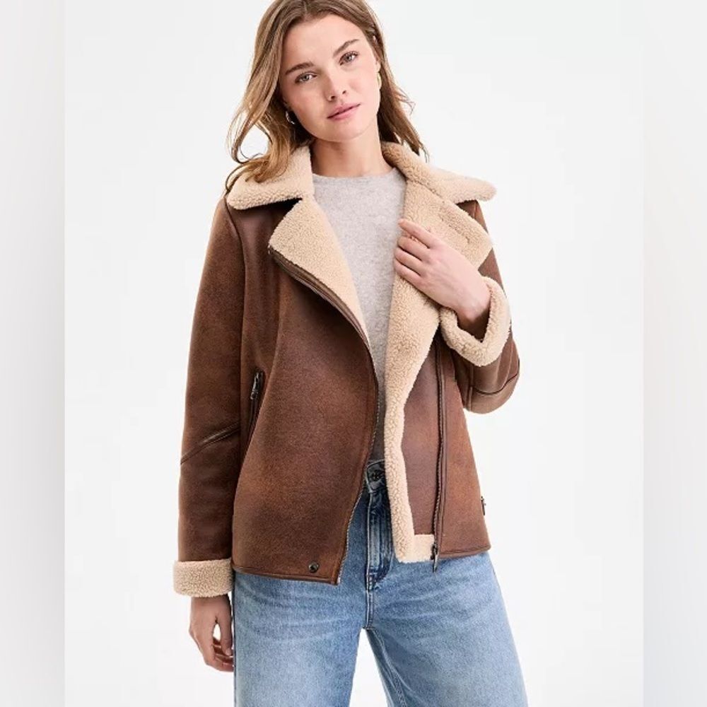 NWT Steve Madden Asymmetric Faux-Shearling Bomber Coat Notched Collar Small